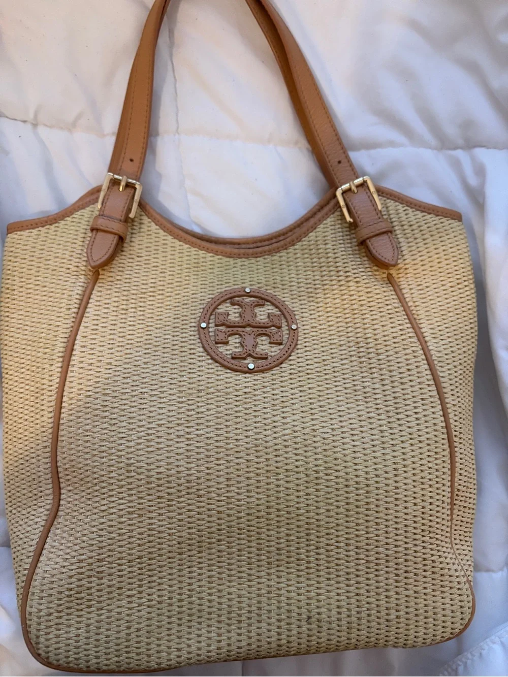 Tory Burch Beige Woven Tote with Leather Trim and Logo